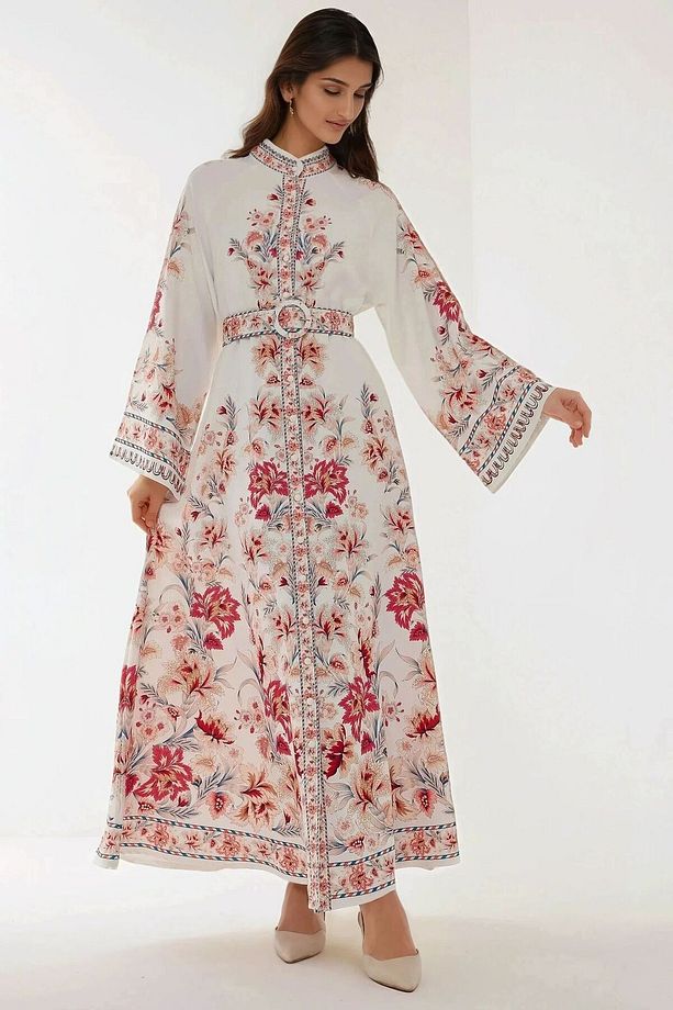 Baskılı Uzun Kol Kemerli Maxi Elbise - 1
