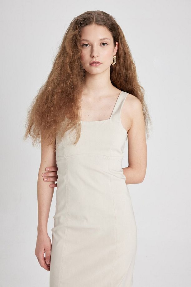 Bodycon Vücudu Saran Basic Düz Kare Yaka Askılı Maxi Elbise C5027ax24sp - 3