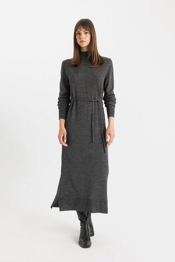 Regular Fit Yarım Balıkçı Yaka Basic Düz Yırtmaçlı Uzun Kollu Maxi Triko Elbise A9807ax24wn - 1