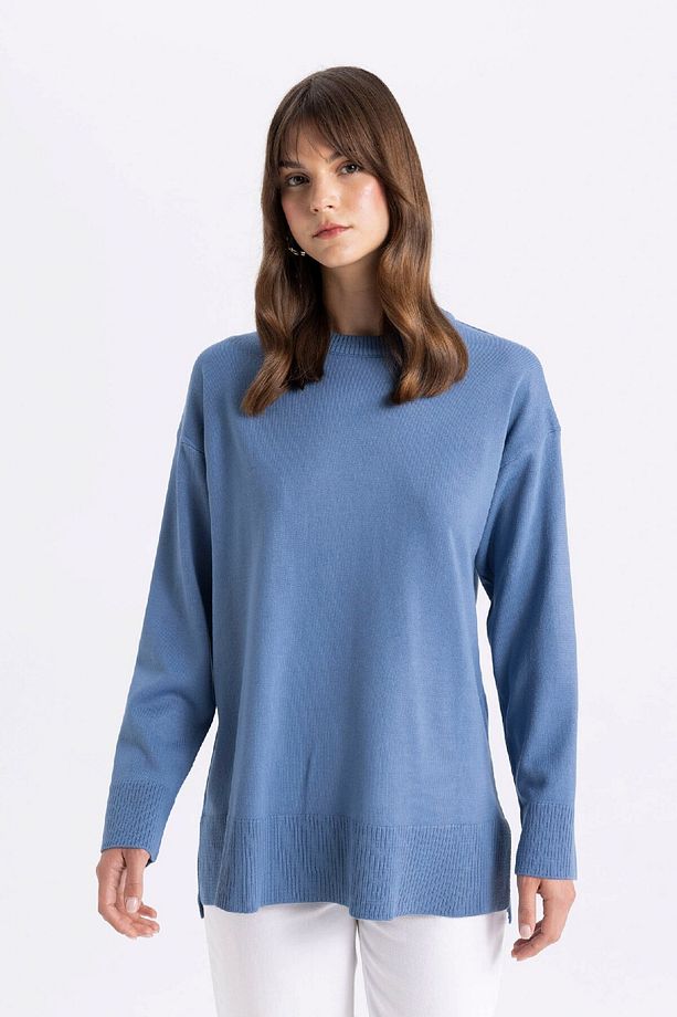 Regular Fit Bisiklet Yaka Yandan Yırtmaçlı Basic Düz Triko Kazak Tunik C5165ax24au - 3