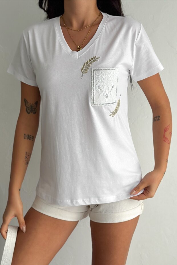 Women's White V-Neck Pocket Sequin Sequin Embroidered 100% Cotton T-Shirt
