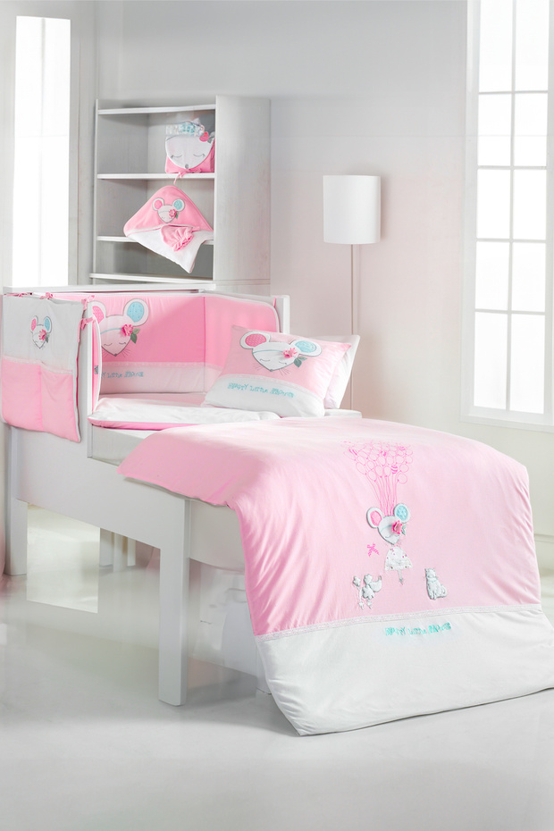 Baby 7-Piece Sleeping Set 100% Cotton 100X150Cm Pink Dolly Duvet Cover Set 70X140 Elastic Sheet