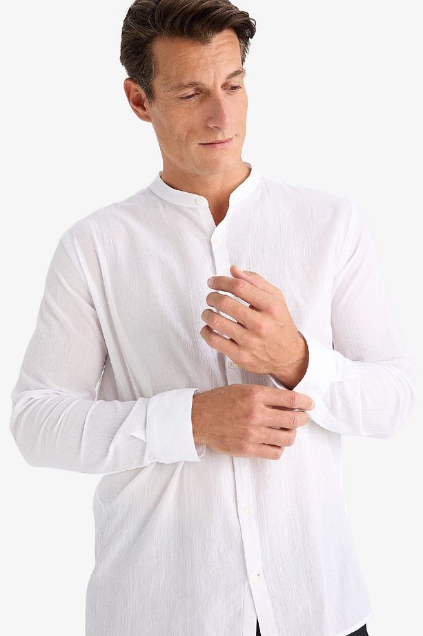 Regular Fit Hakim Yaka Pamuklu Basic Düz Uzun Kollu Krinkıl Kumaş Beyaz Gömlek C7584ax24sm - 4