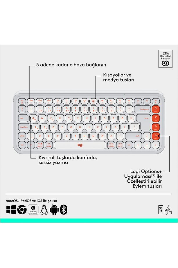 POP ICON Kablosuz Bluetooth Sessiz Türkçe Q Klavye ve Mouse Seti - Beyaz 920-013076 - 7
