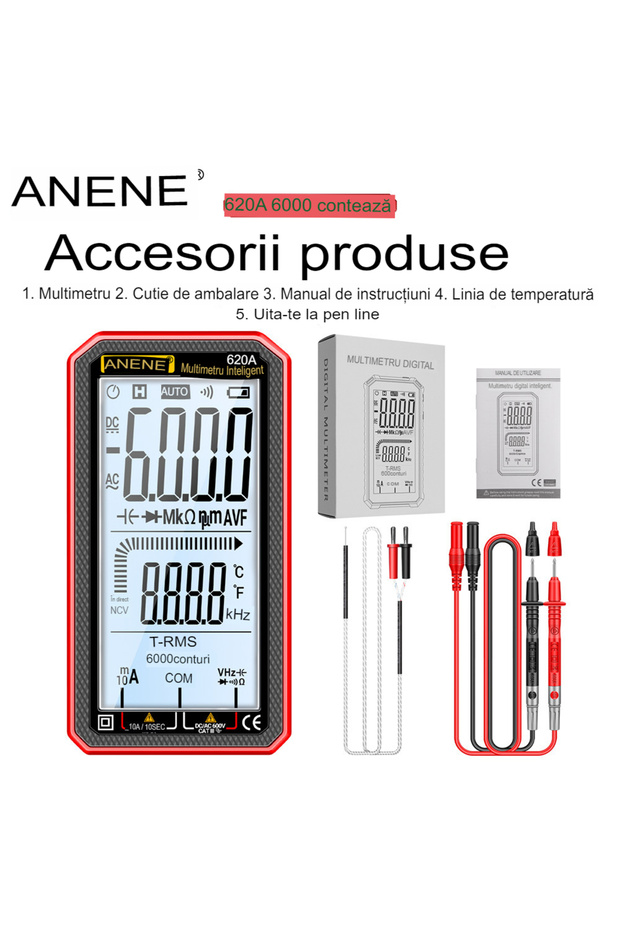 Digital Multimeter 620A True RMS, Display, Frequency Test, NCV, 4.77 inch Screen, Temp Sensors - 10