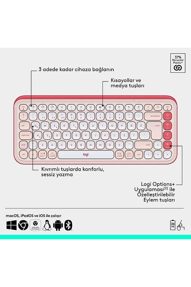 POP ICON Kablosuz Bluetooth Sessiz Türkçe Q Klavye ve Mouse Seti - Pembe 920-013077 - 8