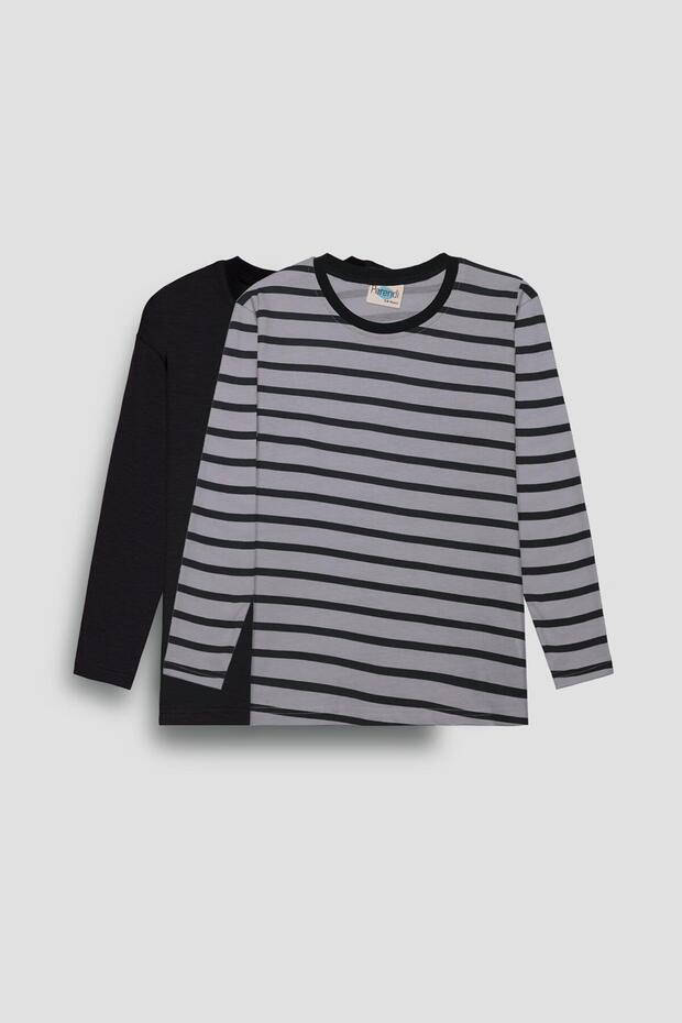 2-Pack Crew Neck Long Sleeve Striped and Plain Unisex Kids T-Shirt Black Gray-Black