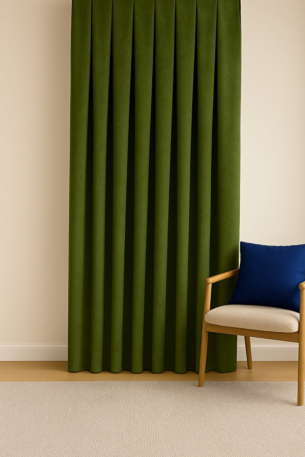 Barcelona Velvet Textured Background Curtain Khaki Green (Non-Pleated)