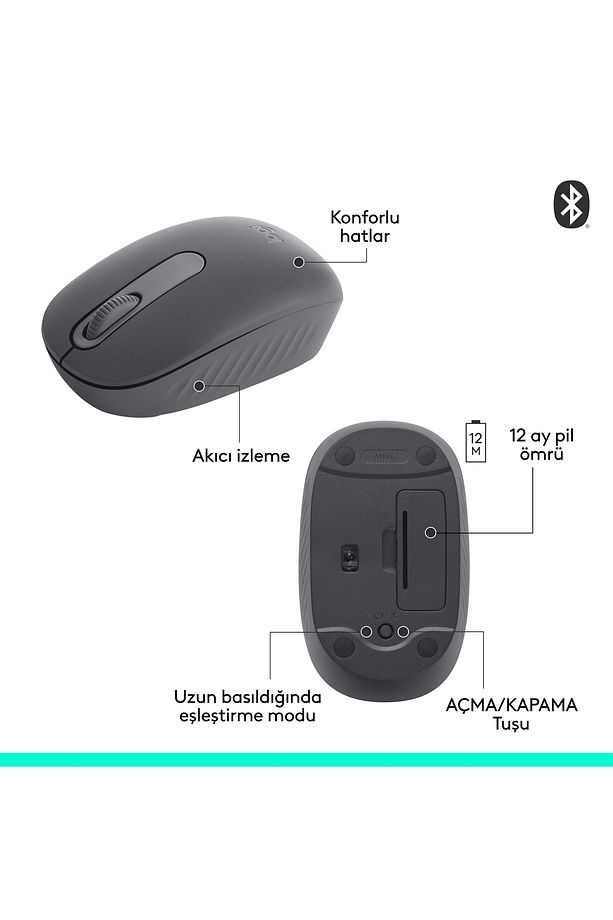 M196 Bluetooth Kablosuz Kompakt PC, Mac, Windows ve MacOs ile Uyumlu Mouse - Siyah - 8