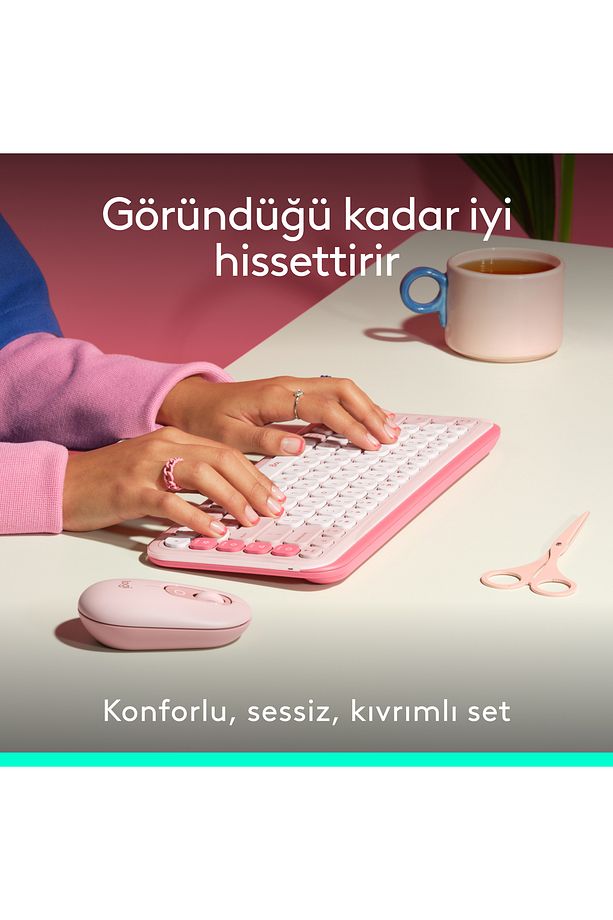 POP ICON Kablosuz Bluetooth Sessiz Türkçe Q Klavye ve Mouse Seti - Pembe 920-013077 - 5