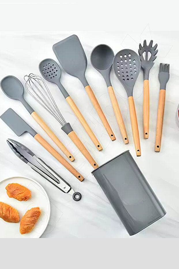 11-Piece Silicone Serving Set with Bamboo Handles - Ladle, Colander, Tongs, Spatula Set - Fireproof Silicone Set