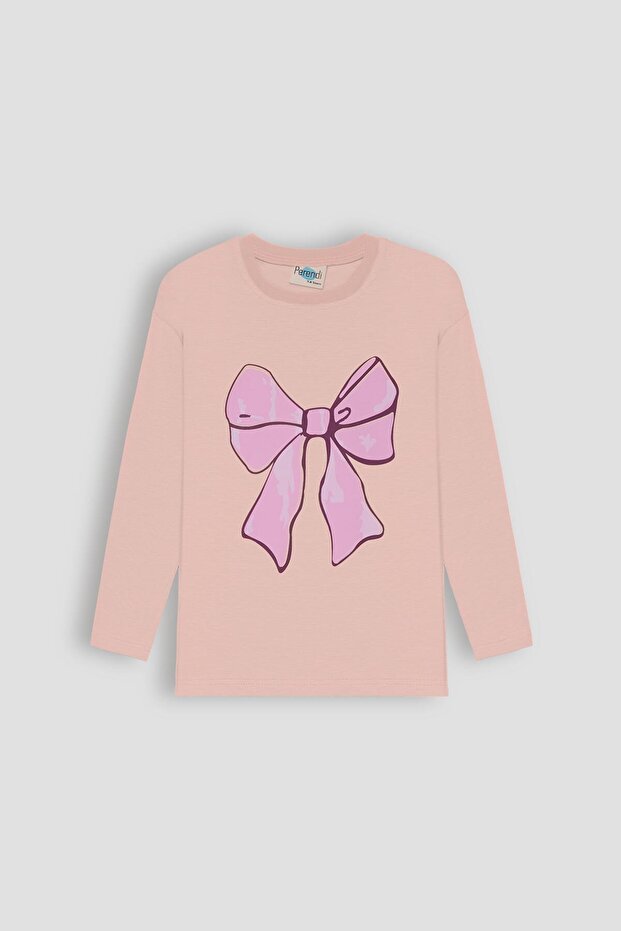100% Cotton Long Sleeve Bow Printed Girls' Tshirt Powder