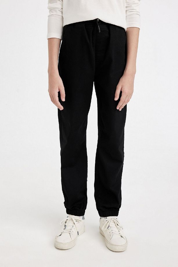 Erkek Çocuk Beli Bağcıklı Lastikli Paça Cepli Basic Düz Siyah Jogger Gabardin Pantolon A9395a824wn - 3
