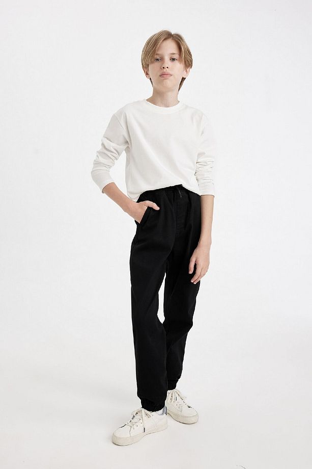 Erkek Çocuk Beli Bağcıklı Lastikli Paça Cepli Basic Düz Siyah Jogger Gabardin Pantolon A9395a824wn - 2