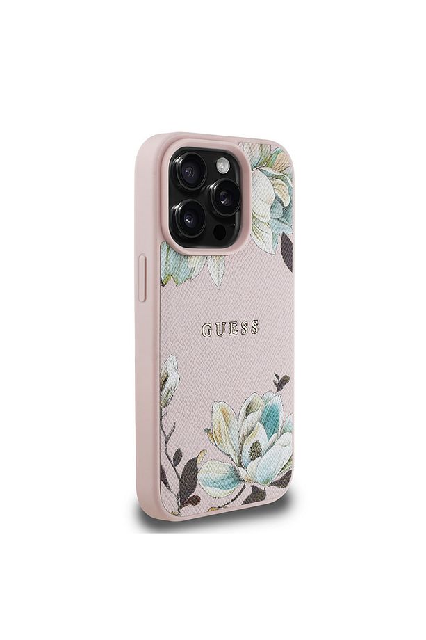 iPhone 15 Pro Max Kılıf Guess Lisanslı Magsafe Özellikli Çiçek Tasarımlı Metal Logolu Kapak Pembe - 3