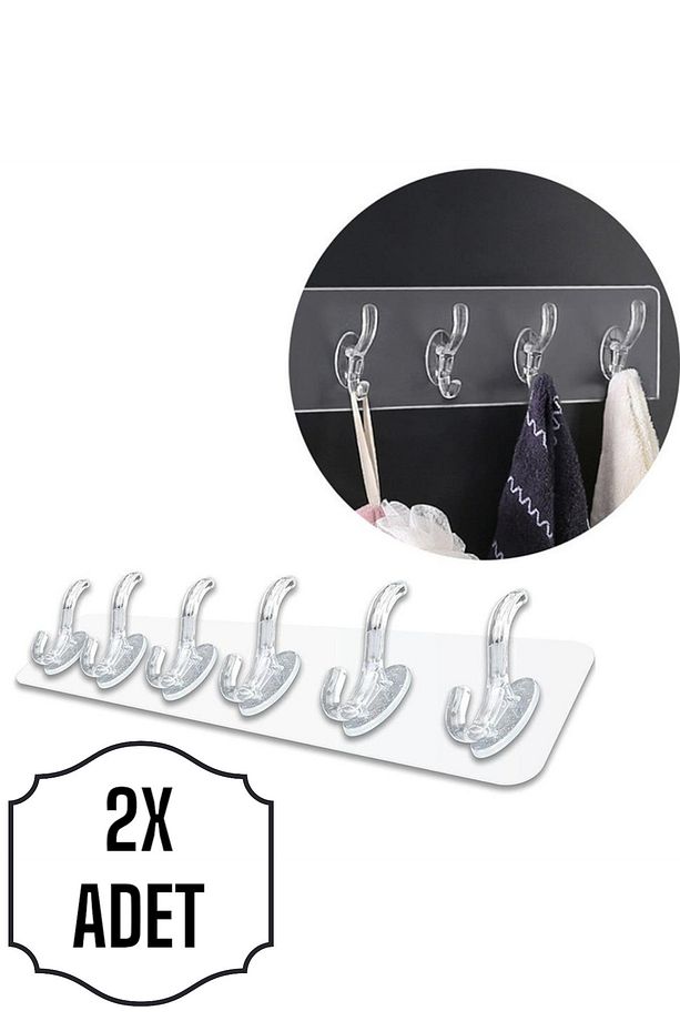 2 Adet Kendinden Yapışkanlı Güçlü Şeffaf 5li Askılık - Kapı Arkası Mutfak Duvar Banyo - 2