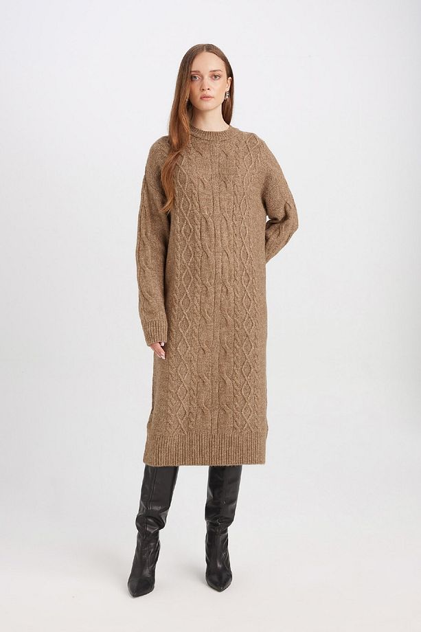 Regular Fit Bisiklet Yaka Saç Örüg Desenli Basic Düz Uzun Kollu Maxi Triko Elbise Y2073az24wn - 2