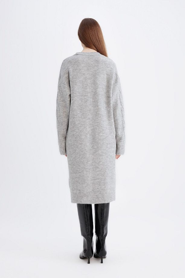 Regular Fit Bisiklet Yaka Saç Örgü Desenli Basic Düz Uzun Kollu Midi Triko Elbise Y2073az24wn - 6