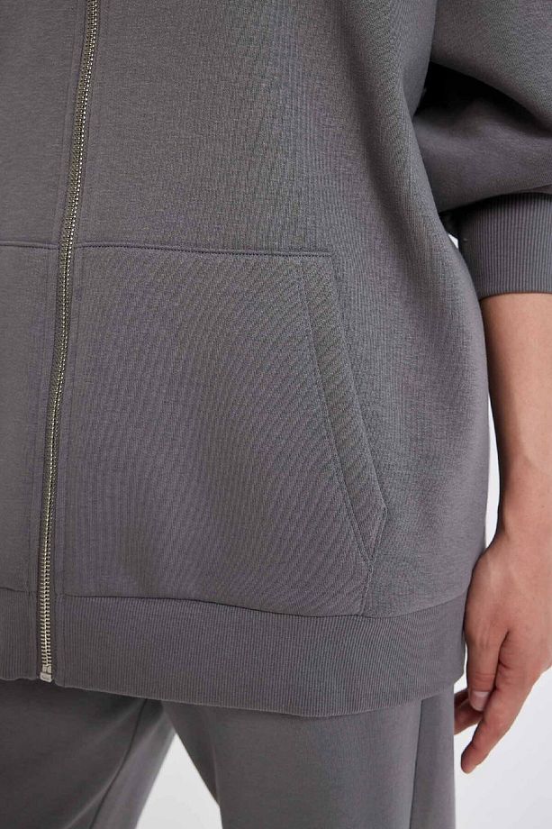 Oversize Geniş Kalıp Kapüşonlu Cepli Basic Düz Fermuarlı Sweatshirt V4233az24wn - 5