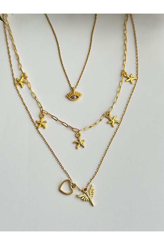 Triple Necklace Set with Paperclip Chain Charm Multiple Necklaces (Evil Eye Eye Starfish Heart Angel)