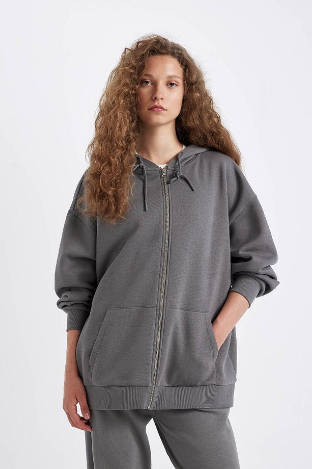 Oversize Geniş Kalıp Kapüşonlu Cepli Basic Düz Fermuarlı Sweatshirt V4233az24wn - 3