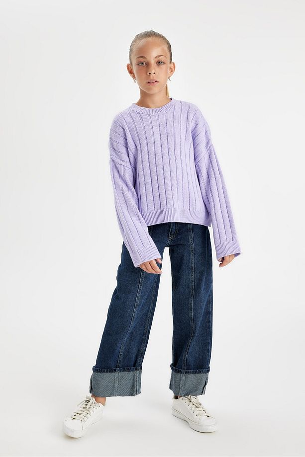 Kız Çocuk Oversize Geniş Kalıp Bisiklet Yaka Basic Düz Triko Kazak C6945a824au - 2