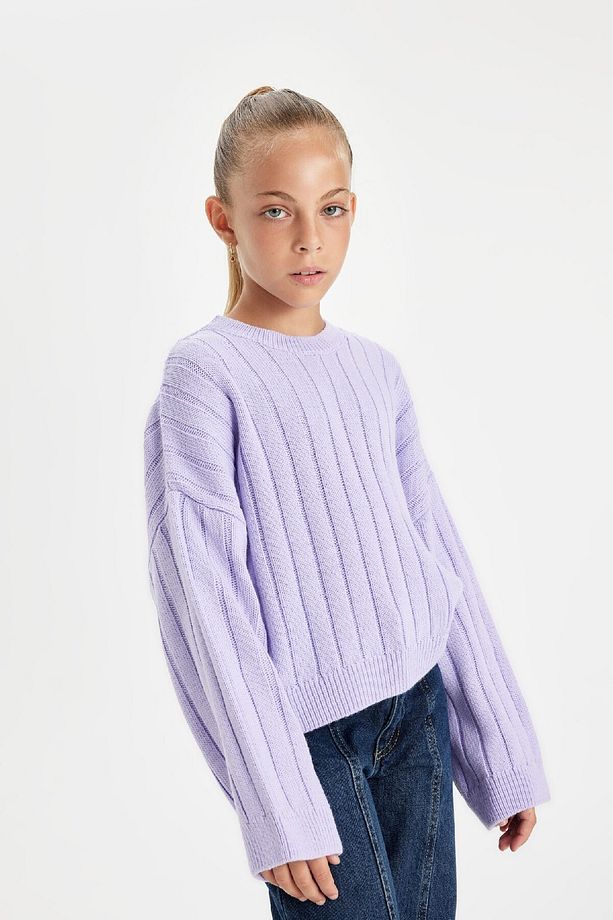 Kız Çocuk Oversize Geniş Kalıp Bisiklet Yaka Basic Düz Triko Kazak C6945a824au - 1