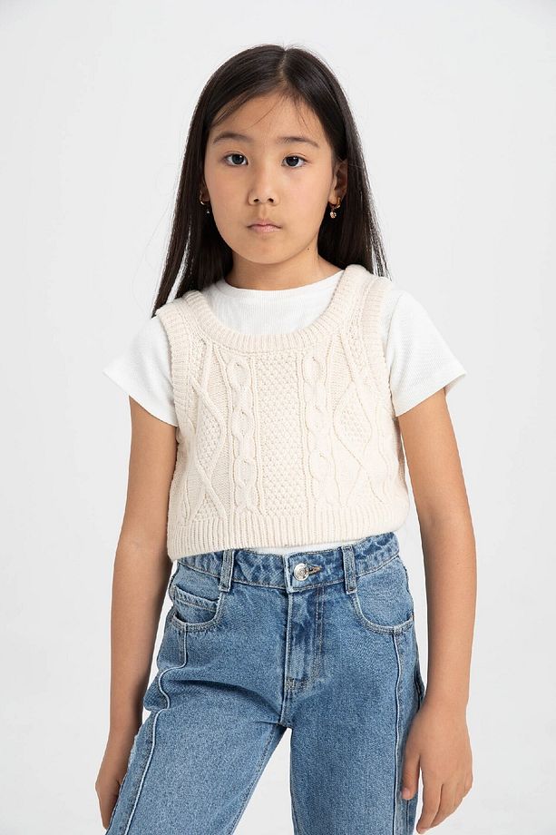 Kız Çocuk Örgü Desenli Crop Triko Süveter C6931a824au - 4