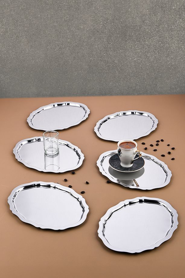 6 Adet Oval Dalgalı Sade Kahve Ve Sunum Tepsisi 20 Cm X 25 Cm - 2