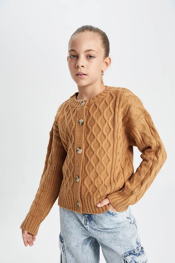 Kız Çocuk Triko Basic Düz Bisiklet Yaka Düğmeli Hırka C6937a824au - 6