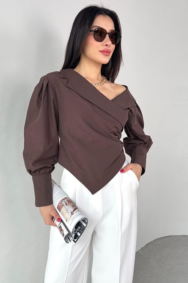 GML-0317 Acı Kahve Çapraz Bağlamalı Duble Kol Kruvaze Yaka Crop Gömlek - 7