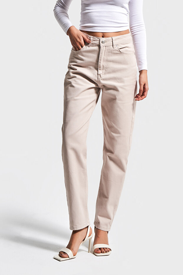 High Waist Beige Mom Jean - 5