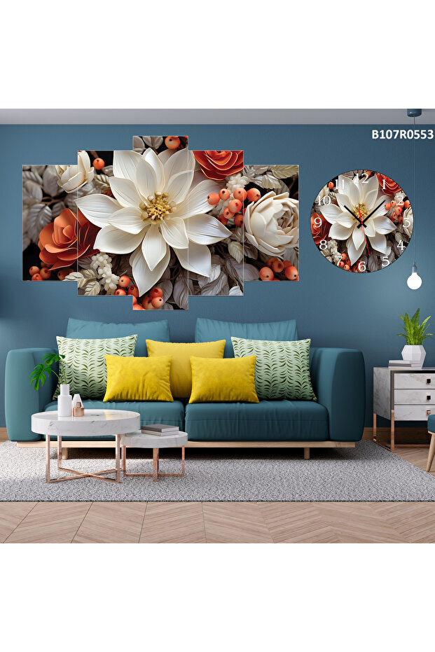 Tablo Duvar Mdf Tablo 5 Parça Set Ve Saatli - 1