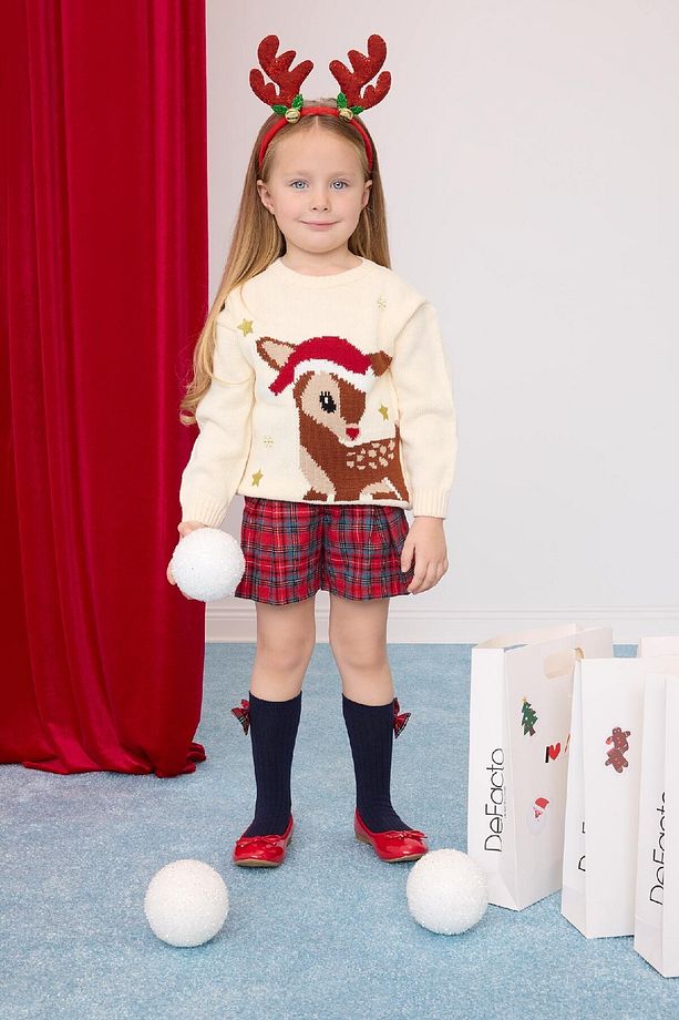 Kız Bebek Bisiklet Yaka Yılbaşı Temalı Triko Kazak C8418a524wn - 1