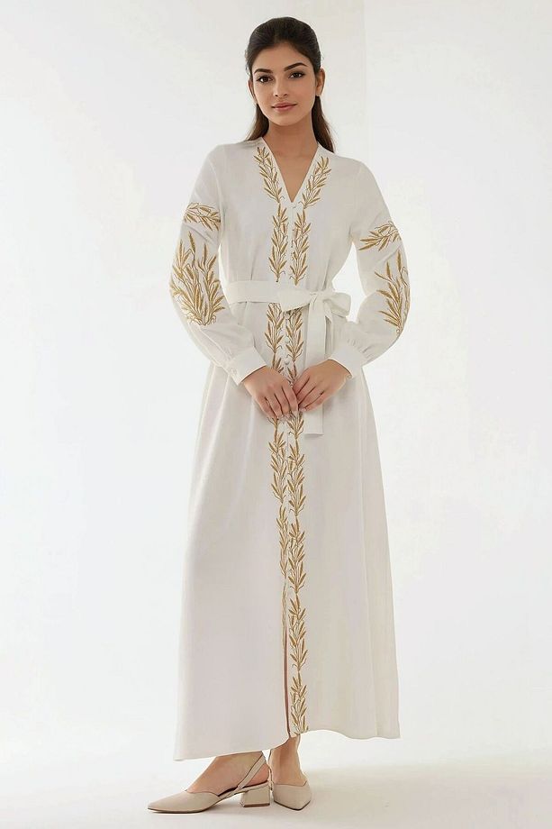 Nakış Işlemeli V Yaka Modest Elbise - 1