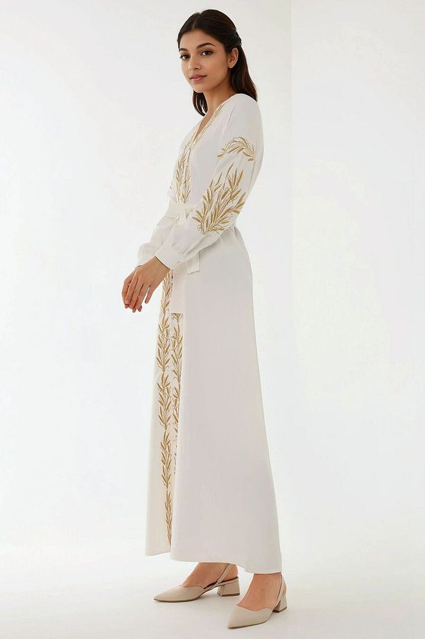 Nakış Işlemeli V Yaka Modest Elbise - 6