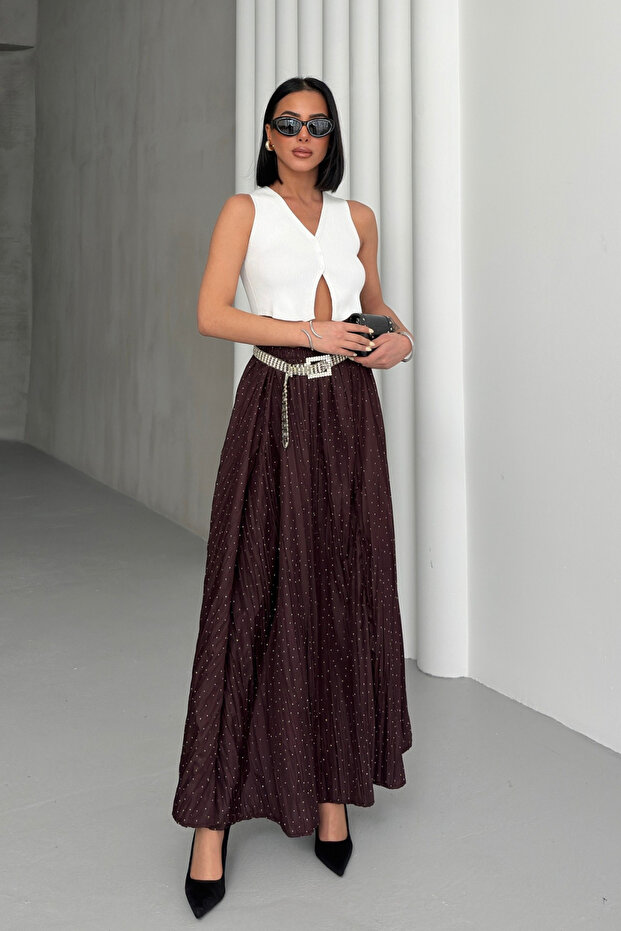 Women's Burgundy Stone Detailed Crush Effect Long Flared Skirt