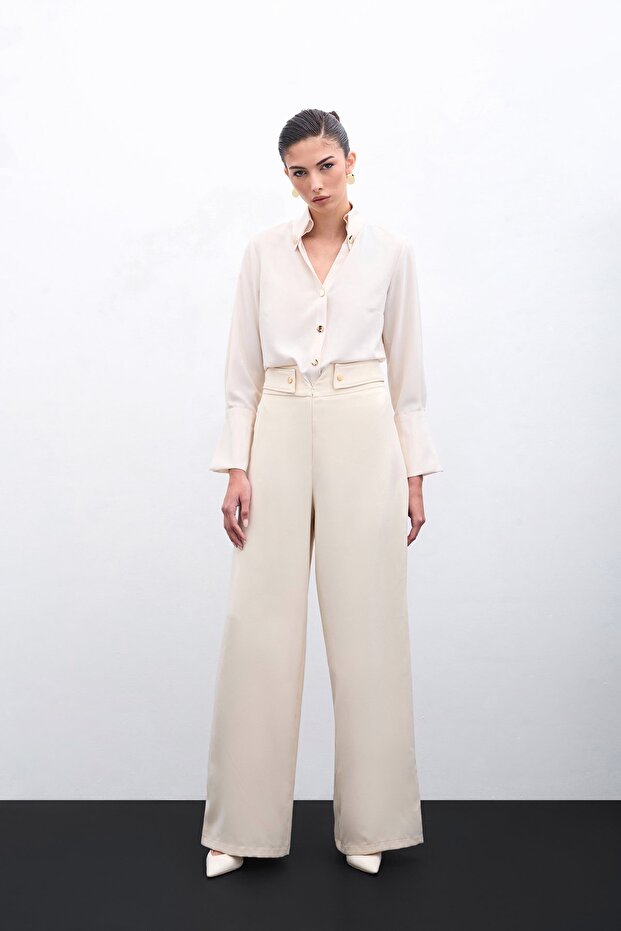Waist Detailed Trousers - Beige