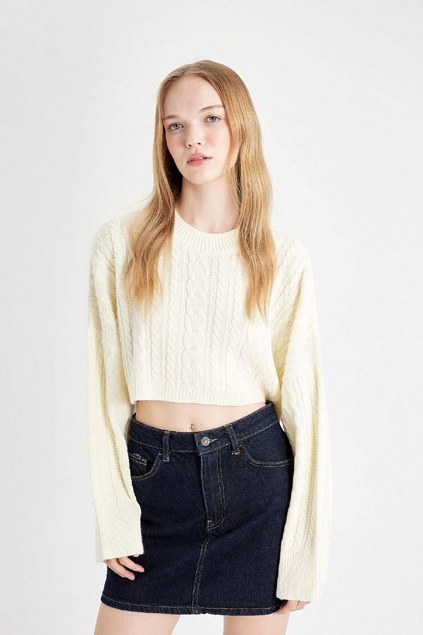 Coool Regular Fit Crop Bisiklet Yaka Saç Örgülü Triko Kazak T4518az24wn - 3