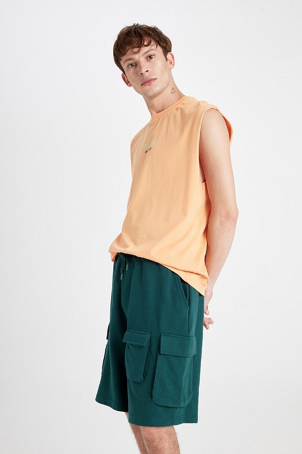 Relax Fit Beli Lastikli Bağcıklı Basic Düz Kargo Bermuda Şort C5591ax24hs - 5
