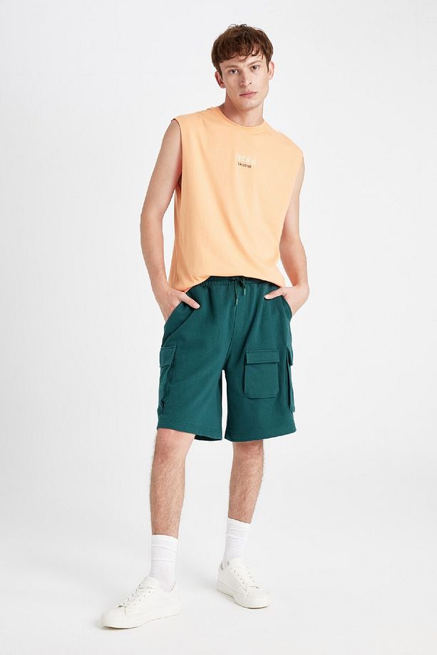 Relax Fit Beli Lastikli Bağcıklı Basic Düz Kargo Bermuda Şort C5591ax24hs - 2