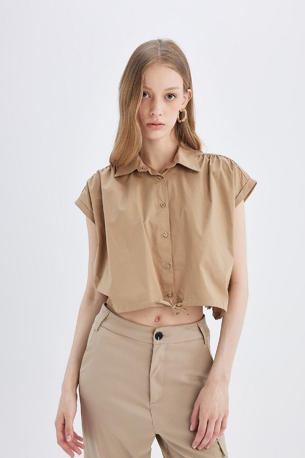 Crop Poplin Kısa Kollu Gömlek D1200AX24SM - 1