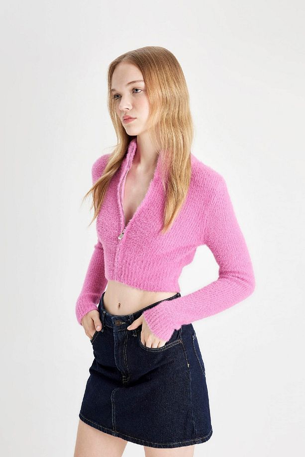 Coool Crop Basic Düz Fermuarlı Dik Yaka Triko Hırka C6298AX24WN - 4