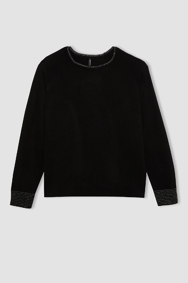 Regular Fit Bisiklet Yaka Simli Reglan Kol Siyah Triko Kazak Tunik D1580ax24wn - 6