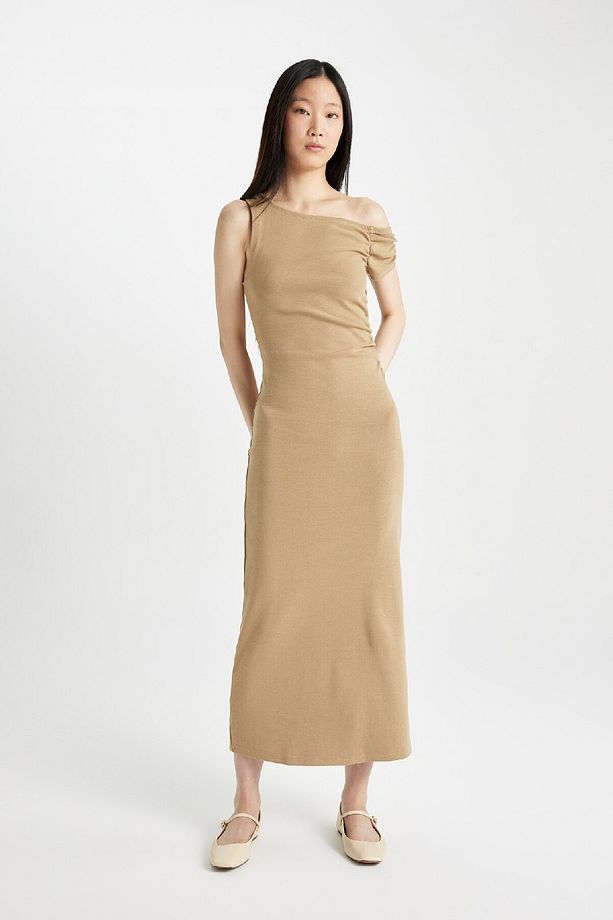 Bodycon Vücudu Saran Tek Omuzlu Fitilli Kaşkorse Kısa Kollu Midi Elbise D1448ax24sm - 3