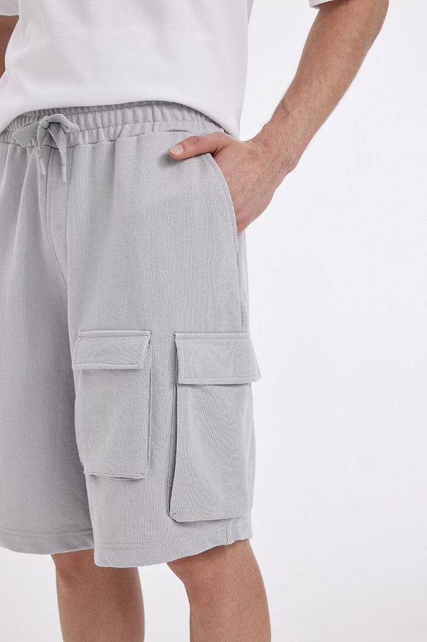Relax Fit Beli Lastikli Bağcıklı Basic Düz Kargo Bermuda Şort C5591ax24hs - 6