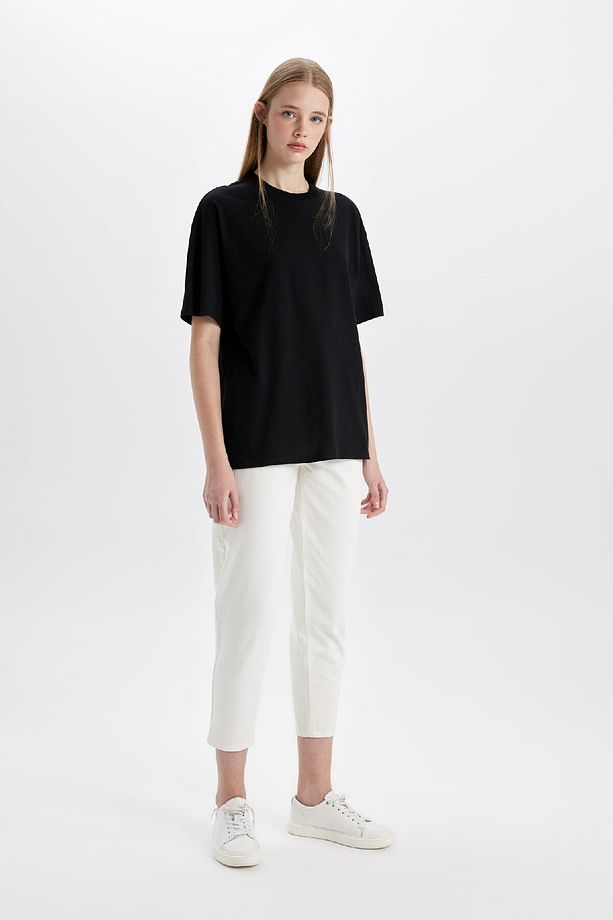 Oversize Geniş Kalıp Bisiklet Yaka Basic Düz Kısa Kollu Siyah Tişört V4136azns - 2