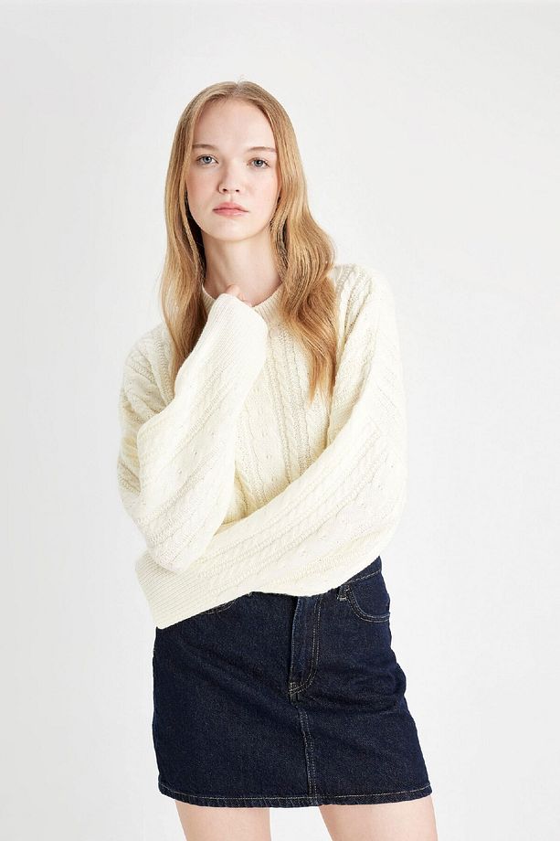 Coool Regular Fit Crop Bisiklet Yaka Saç Örgülü Triko Kazak T4518az24wn - 4
