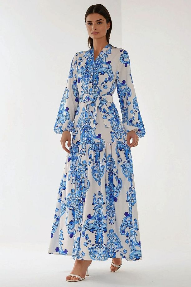 Baskılı Uzun Kol Kuşaklı Modest Elbise - 1