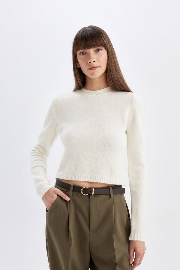 Regular Fit Bisiklet Yaka Premium Basic Düz Crop Triko Kazak C9047ax24wn - 4